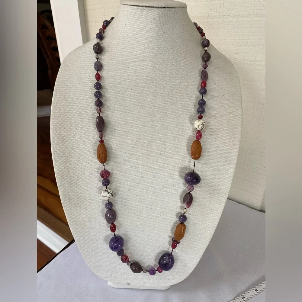 Long polished amethyst stone carved bead necklace